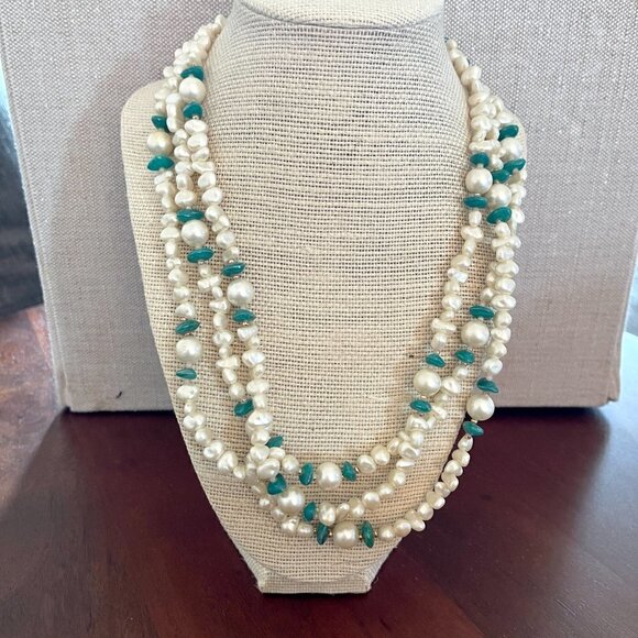 Long Imitation Pearl and Turquoise Beaded Necklace - Picture 7 of 9